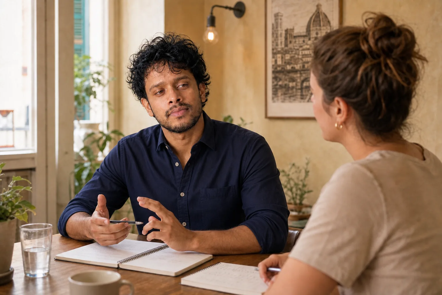 Leo teaching English one-to-one in person