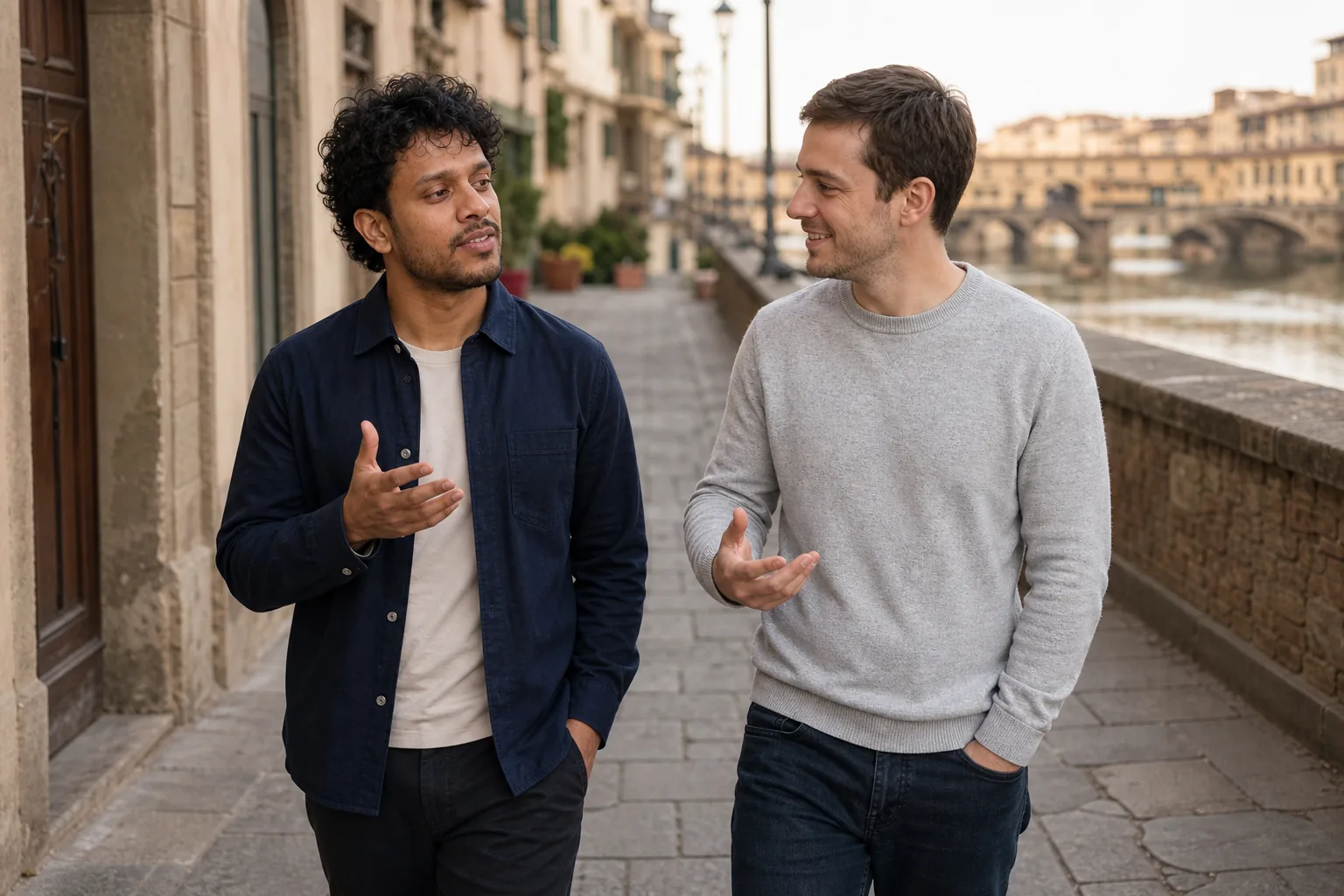 Leo practicing conversational English during a walk in Florence